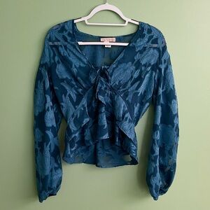 Joie Teal Floral Tie-Front Long-Sleeve Blouse